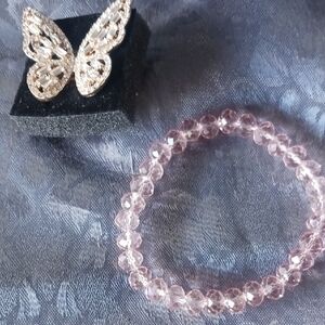 Elegant Pink Crystal Bracelet and Butterflyring